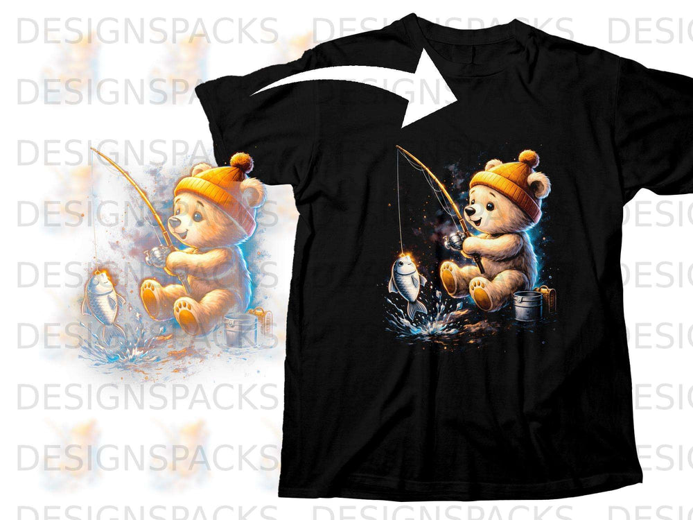 Bear wearing a hat fishing with a bucket and fish splash.