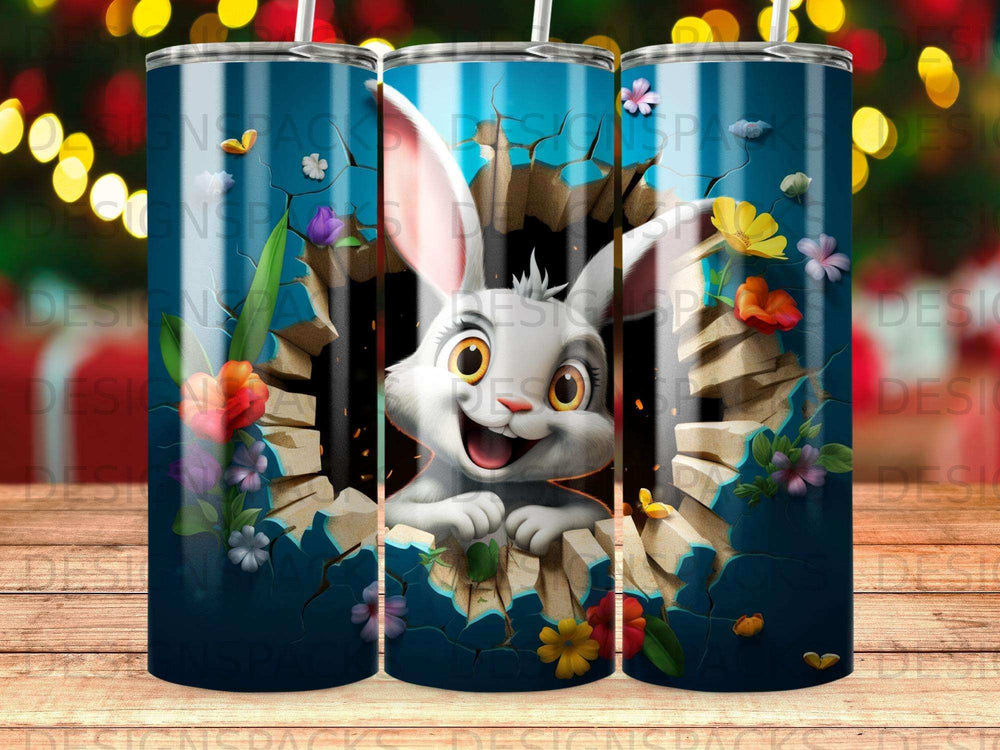 Cartoon rabbit peeking through a cracked wall with flowers.