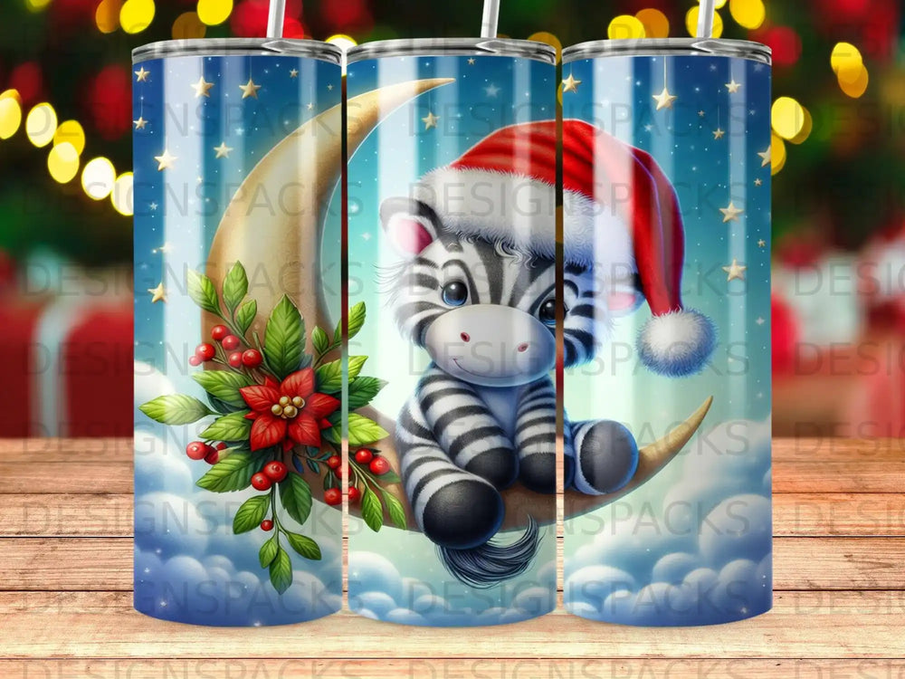 Zebra in Santa hat sits on crescent moon with festive poinsettias.
