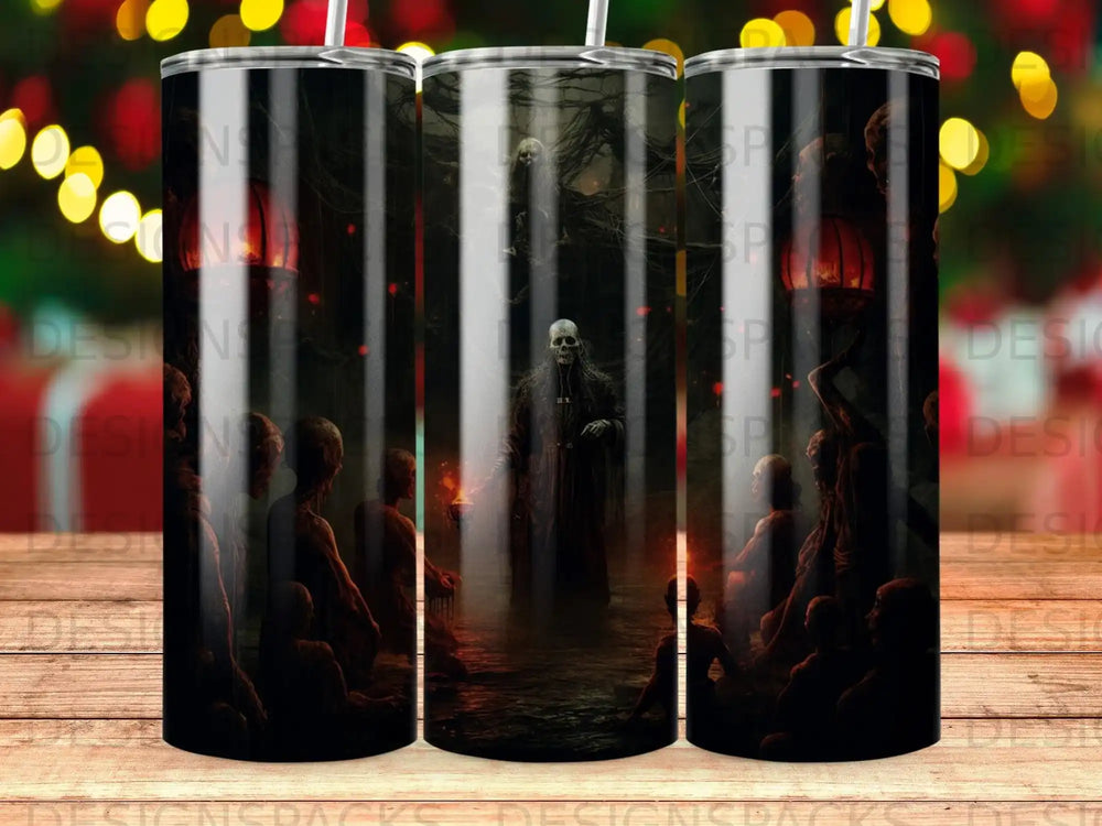 Figurine of a cloaked figure in a dark, eerie setting with surrounding figures.