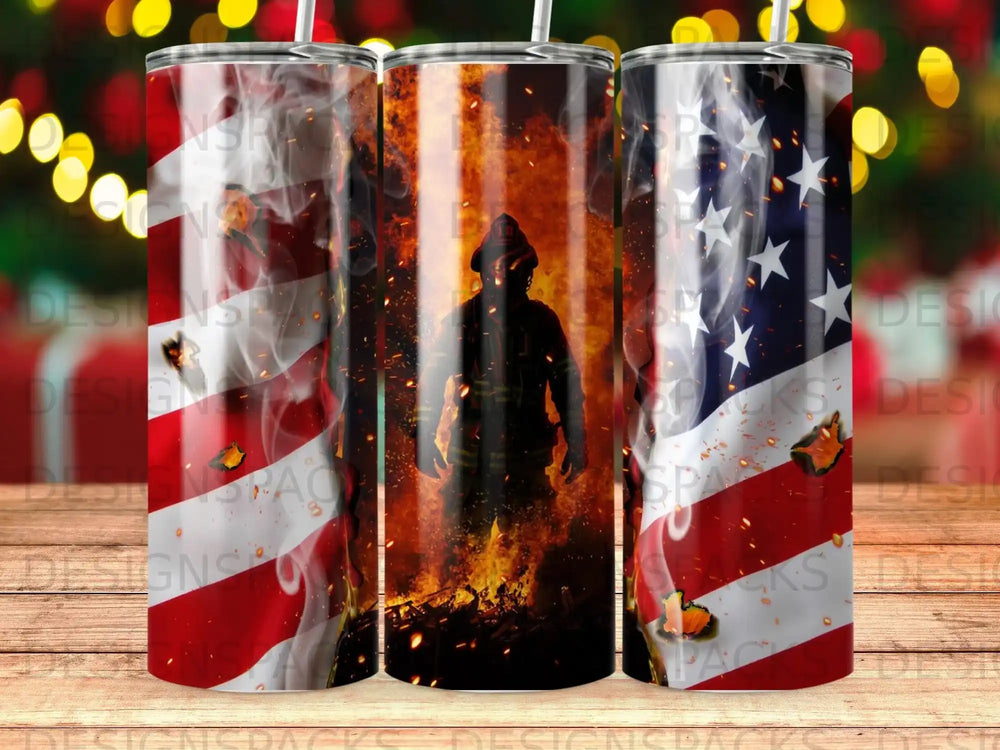 Silhouetted firefighter against flames and American flag pattern on tumbler.