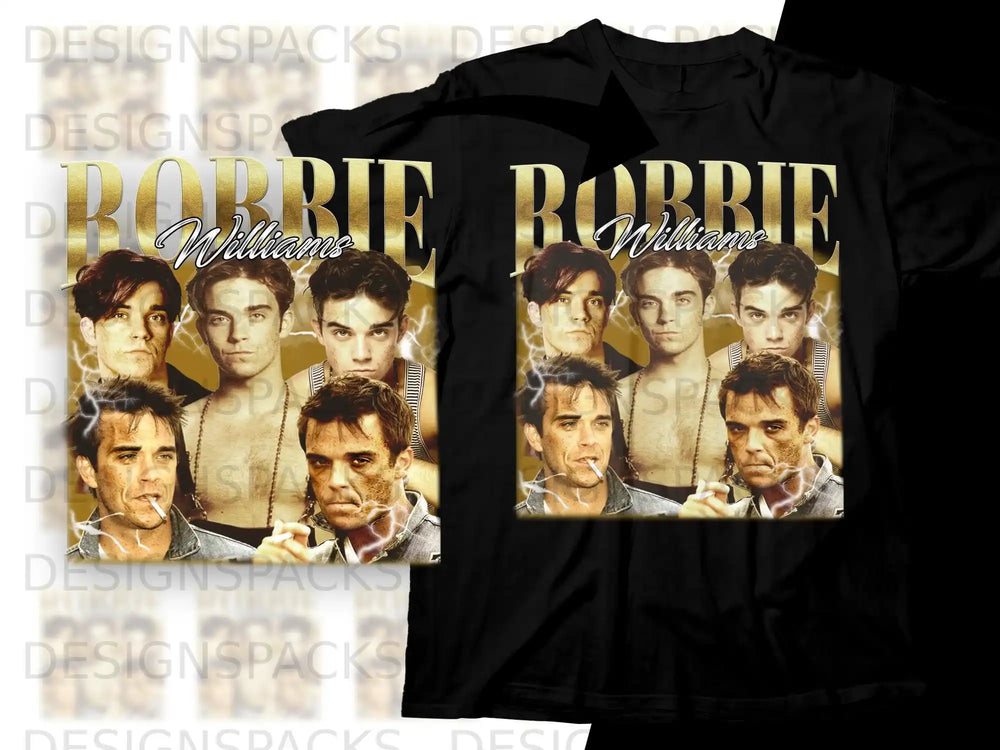Robbie Williams shirt featuring four portraits of the singer, two smoking.