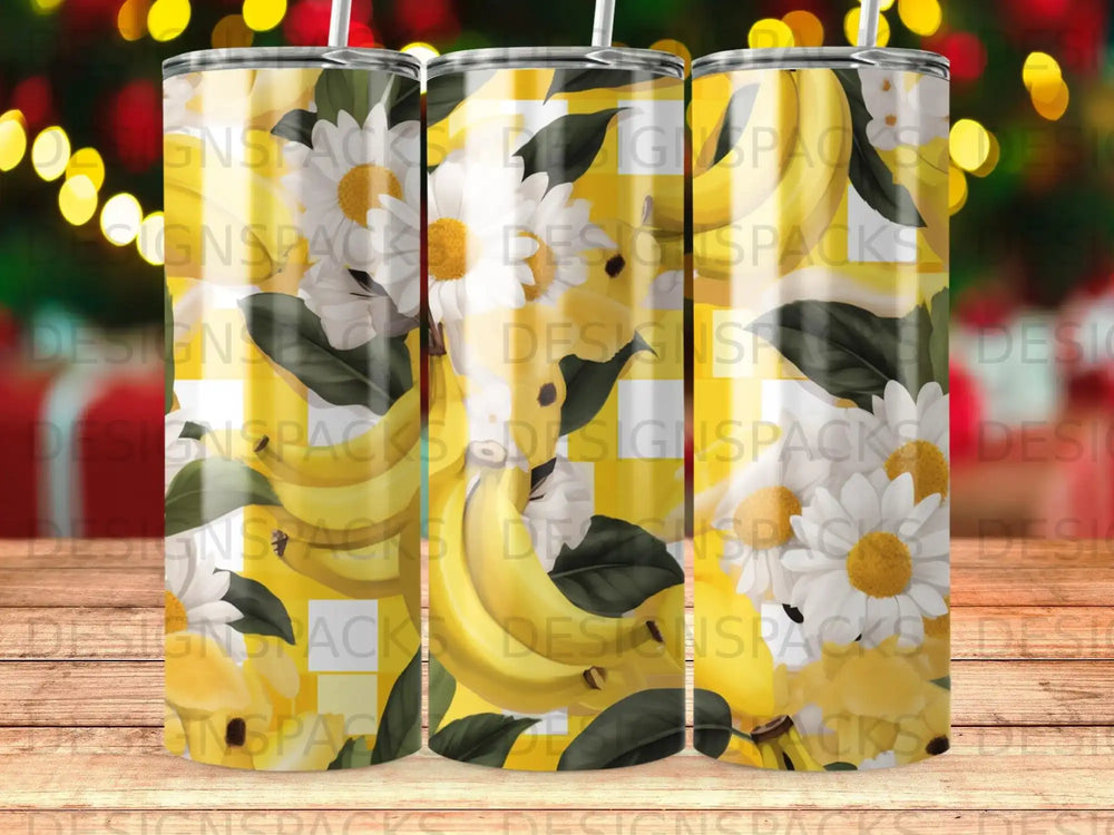 Yellow plaid tumbler with white daisies and bananas.