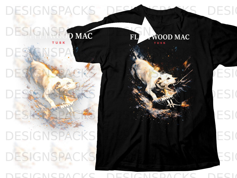 Black t-shirt with Fleetwood Mac Tusk album art featuring a dog and sneakers.