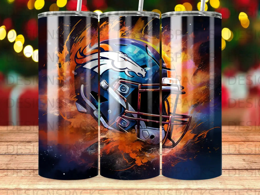 Denver Broncos football helmet with fiery orange and blue accents.