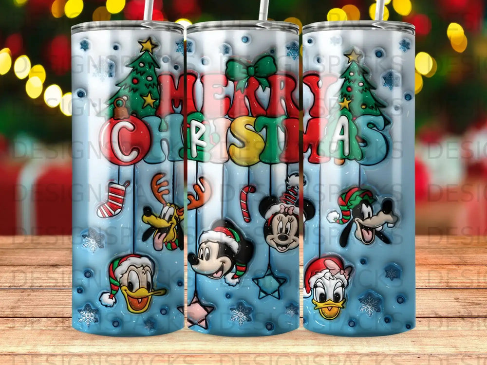 Merry Christmas tumbler with Mickey, Minnie, Donald, and Goofy designs.