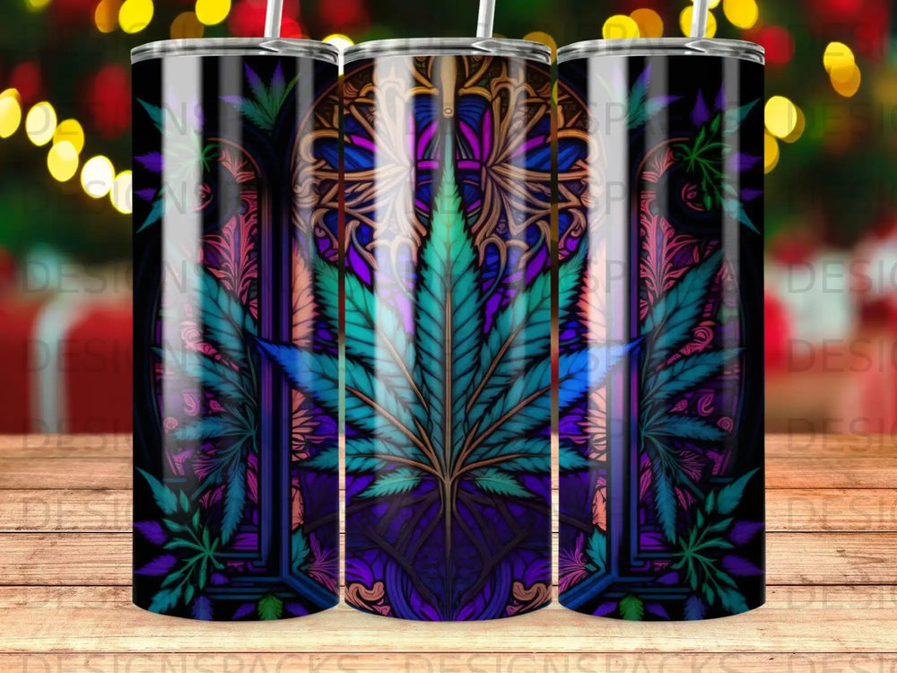 Stained glass cannabis leaf design on a black tumbler.