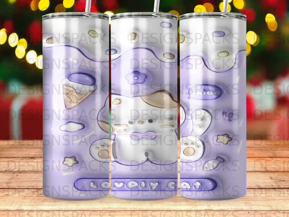 Purple tumbler with white Hello Kitty design and "Lovely Cat" text.