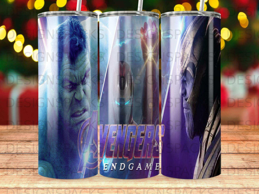 Avengers Endgame tumbler featuring Hulk and Iron Man with the movie logo.