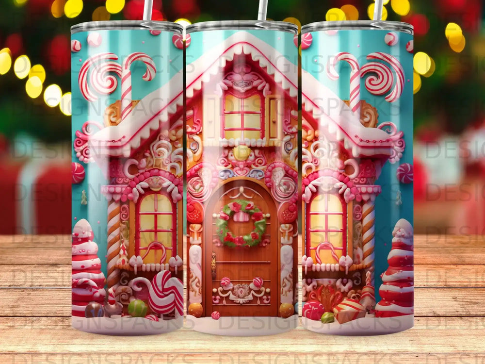 Gingerbread house with candy canes, lollipops, and Christmas lights.