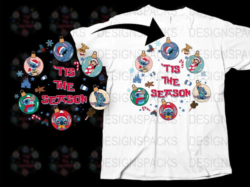 Festive Christmas T-Shirt Tis The Season Cartoon Reindeer Snowman Design Holiday Apparel for Family Celebrations