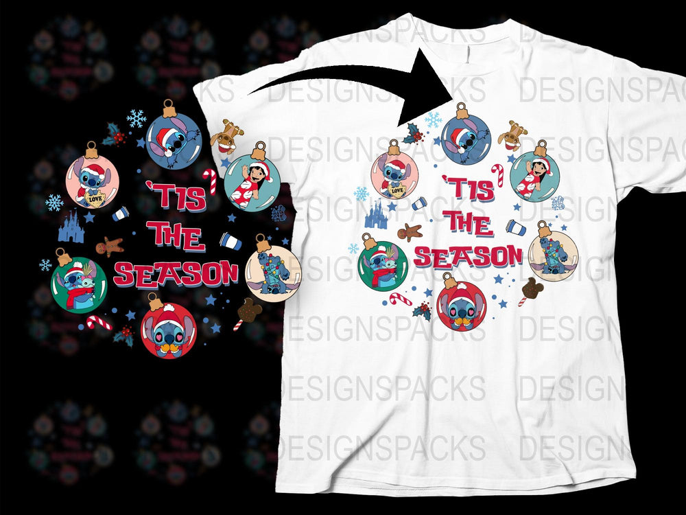 Festive Christmas T-Shirt Tis The Season Cartoon Reindeer Snowman Design Holiday Apparel for Family Celebrations