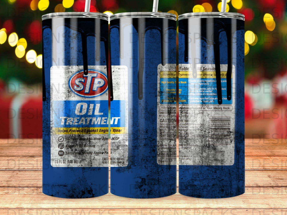 STP Oil Treatment bottle with black drips on blue background.
