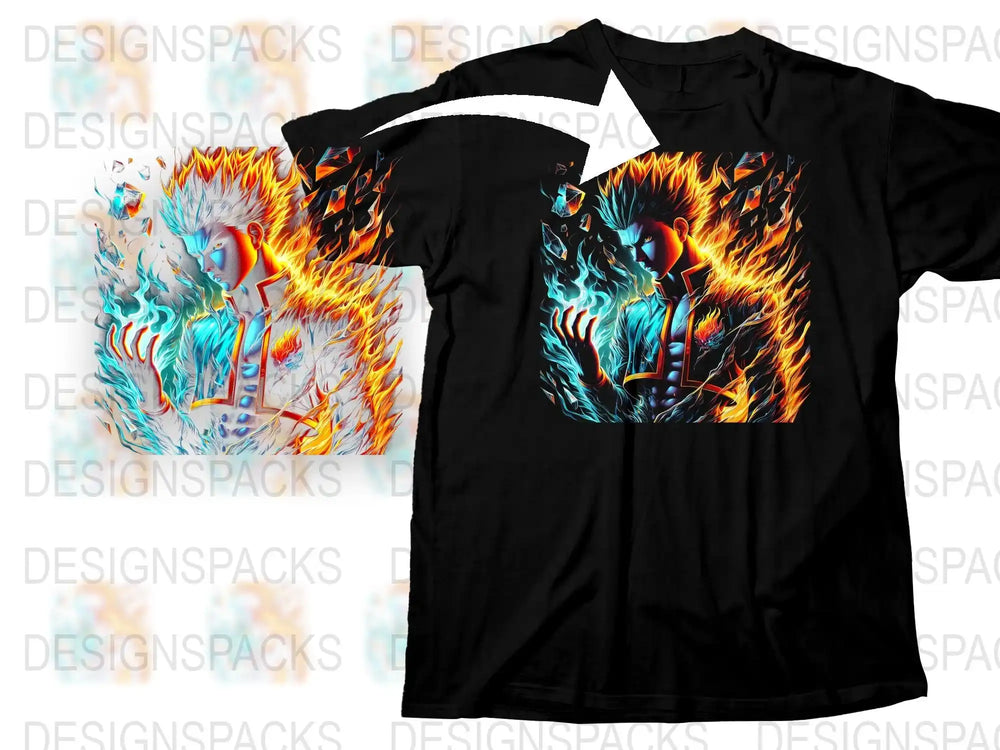 Anime Inspired Graphic T-Shirt with Blue Flame Design, Fire Elemental Tee, Vibrant Color Print, Unisex Casual Wear