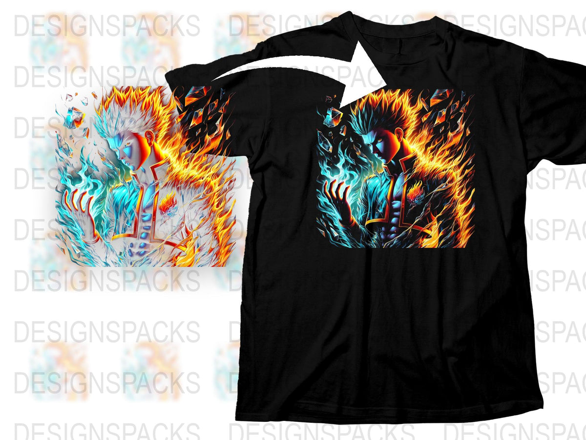 Anime Inspired Graphic T-Shirt with Blue Flame Design, Fire Elemental Tee, Vibrant Color Print, Unisex Casual Wear