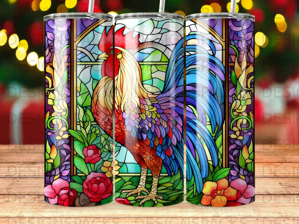 Stained glass rooster with colorful floral border on a tumbler.