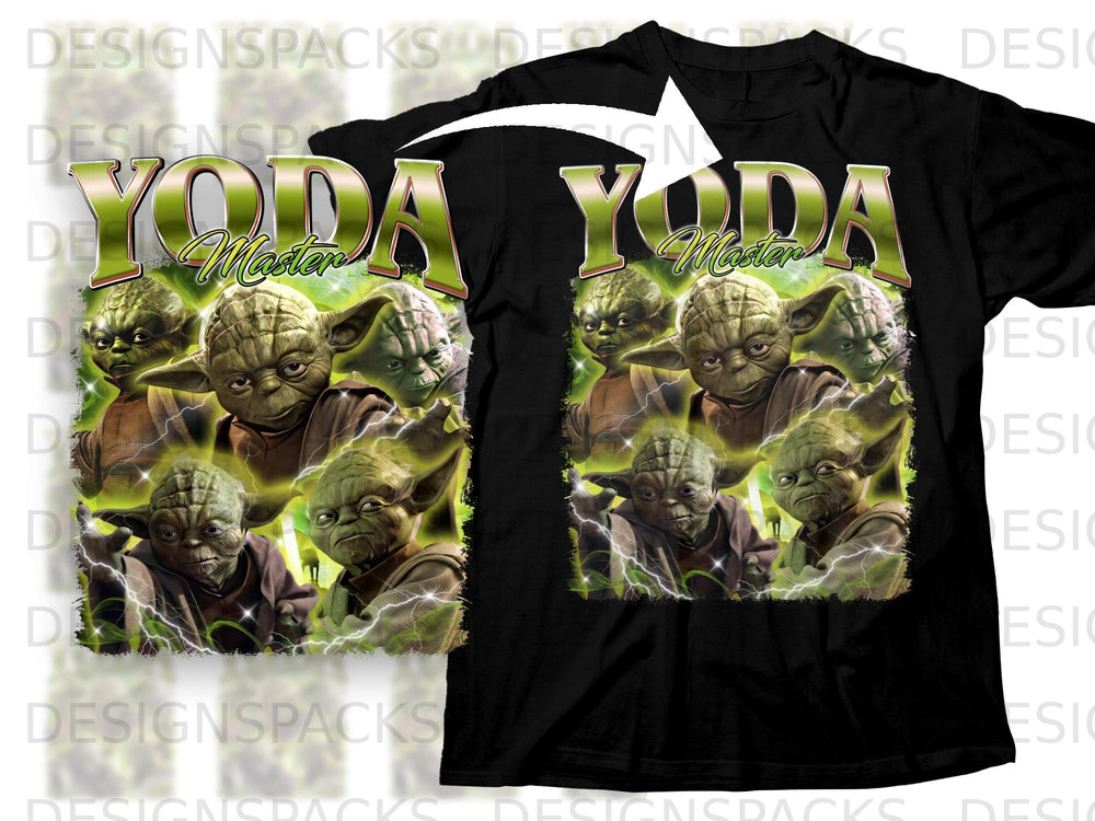 Yoda Master collage with green lightning on a black t-shirt.