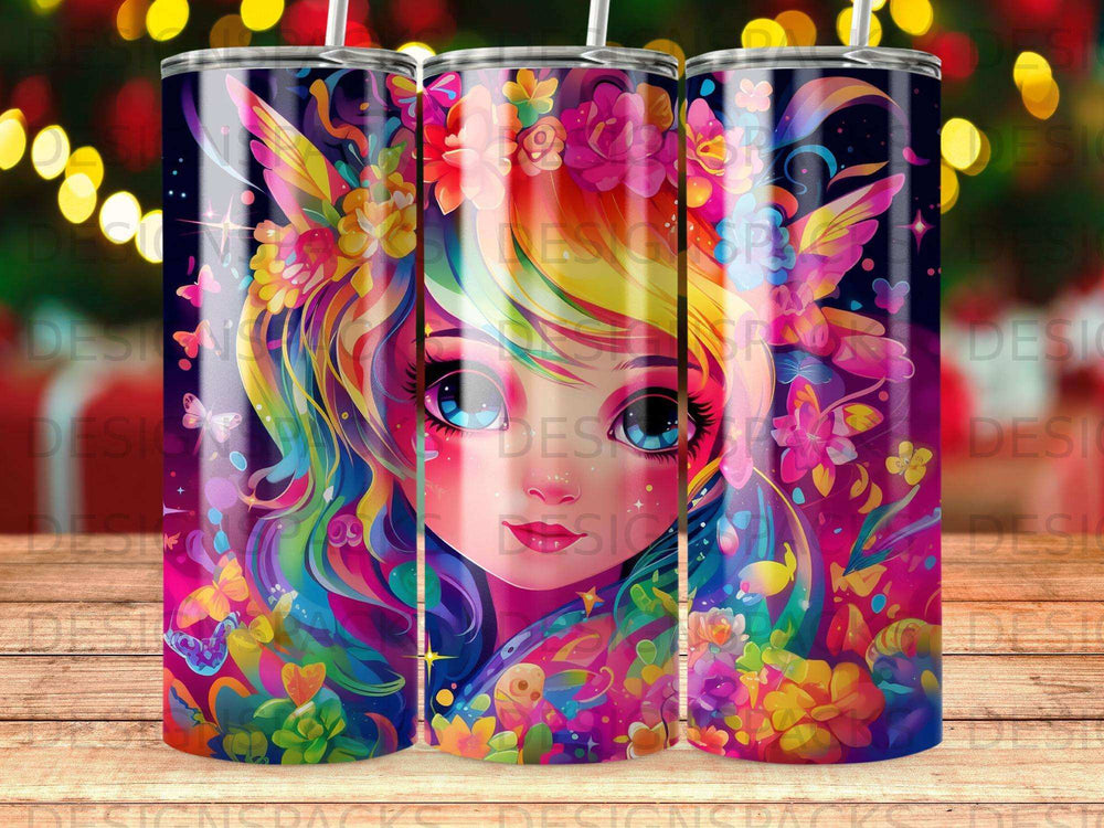 Fairy-like character with colorful hair and floral accents, against a dark background.