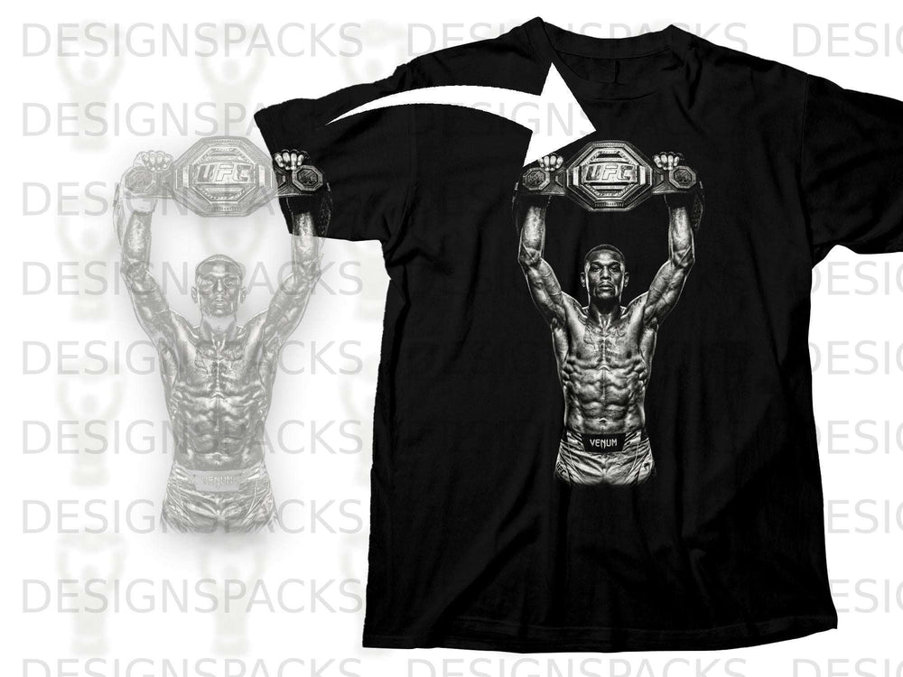 Black t-shirt featuring a muscular fighter holding a UFC championship belt.