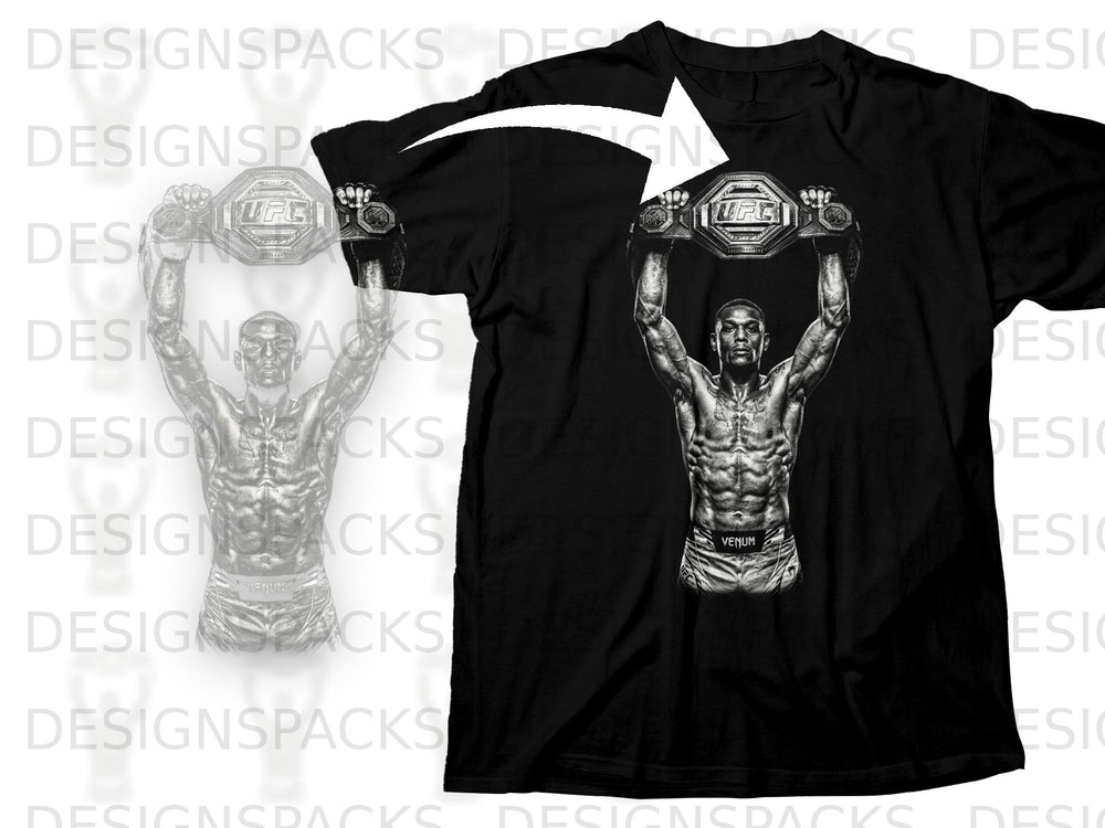 Black t-shirt featuring a muscular fighter holding a UFC championship belt.