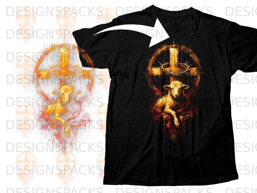 Black t-shirt with a golden lamb in front of a thorny cross.