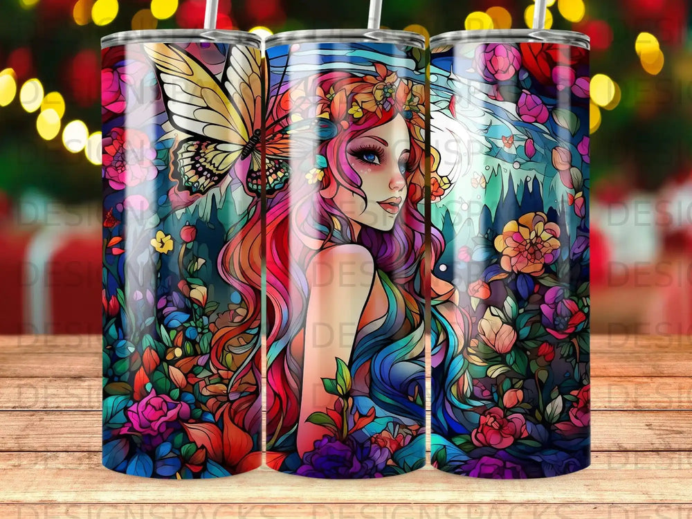 Woman with colorful hair and butterfly in floral forest.