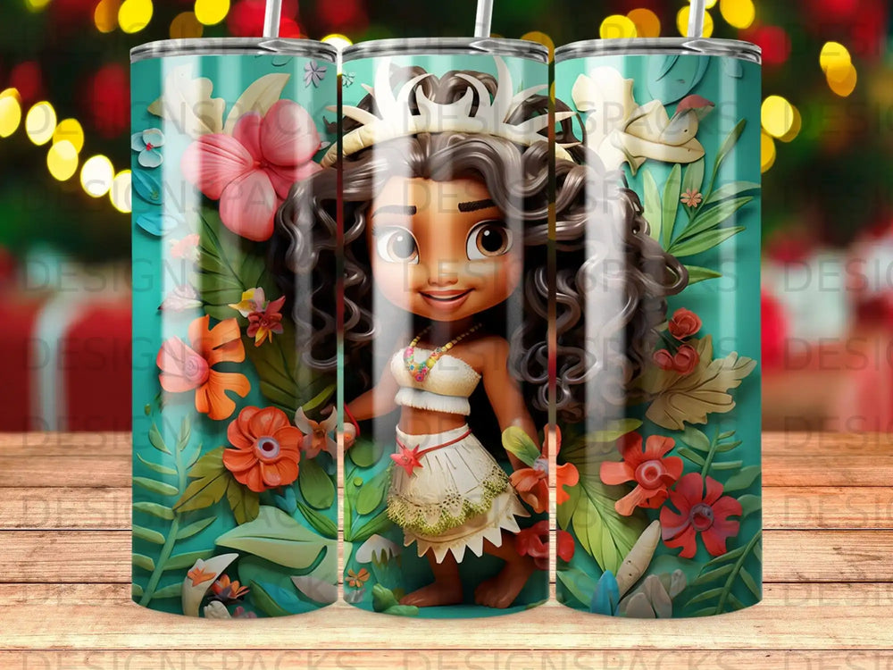 Young Moana character with flowers and crown on teal tumbler.