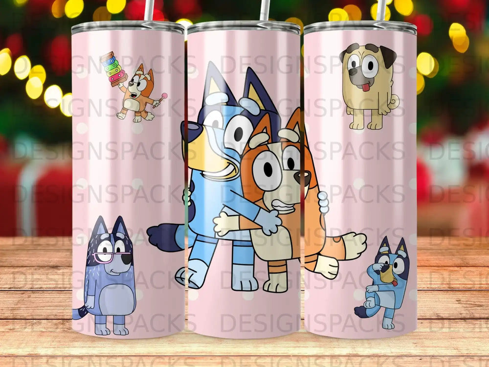 Bluey and Bingo characters from the cartoon hugging, with text logos visible.