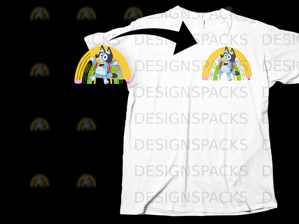 Bluey character on a rainbow with school supplies, shown on a white t-shirt.