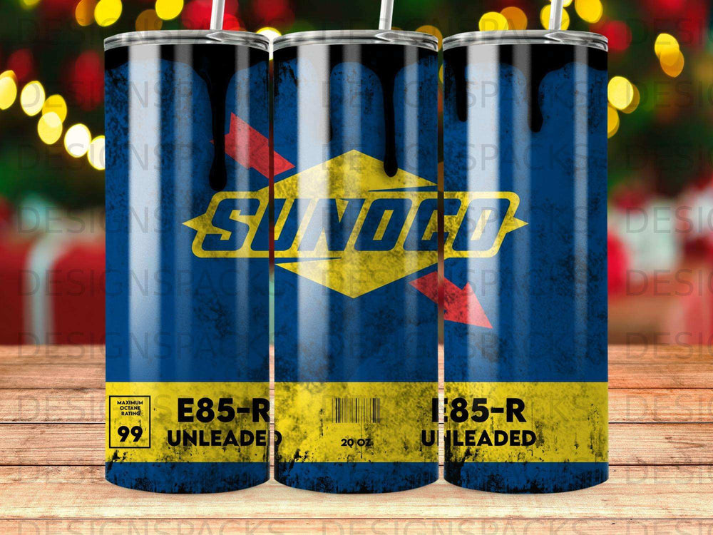 Tumbler with Sunoco logo, E85-R octane rating, and 99 Unleaded label.