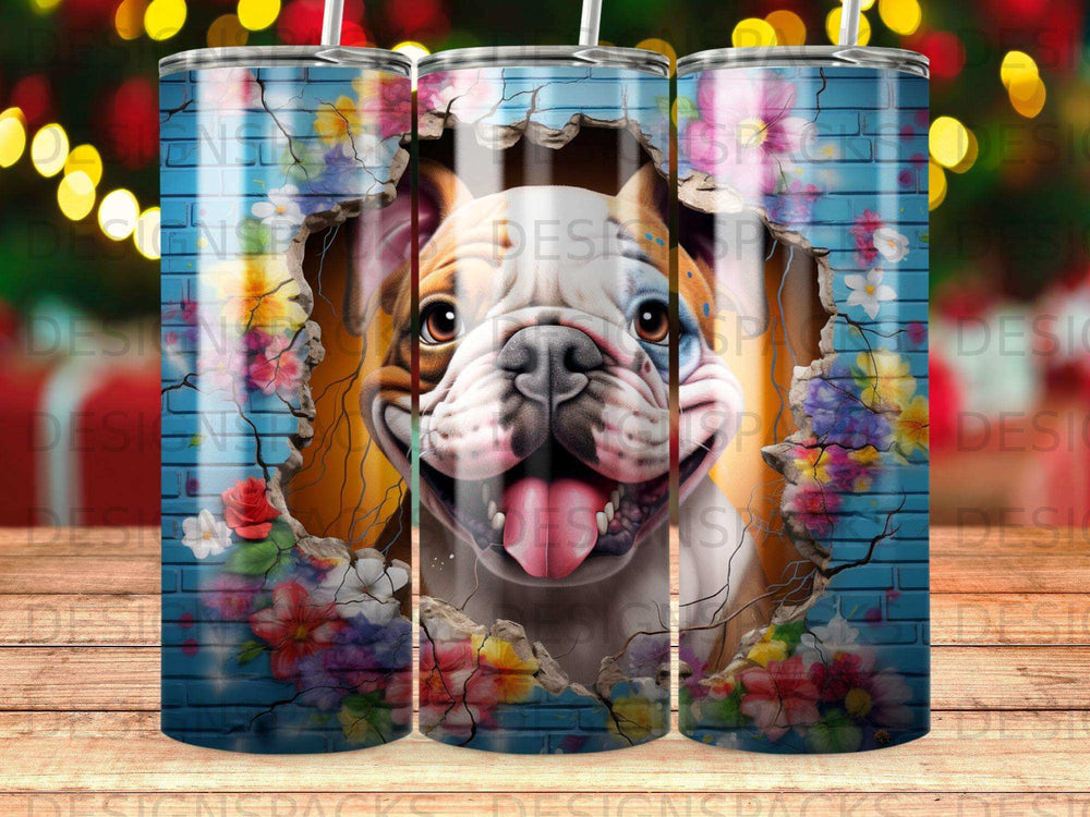 Bulldog peeking through a brick wall with flowers.