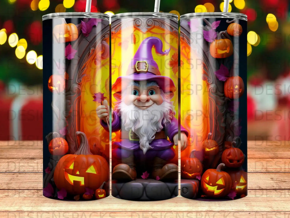 Halloween gnome with pumpkins and swirling ornate background.