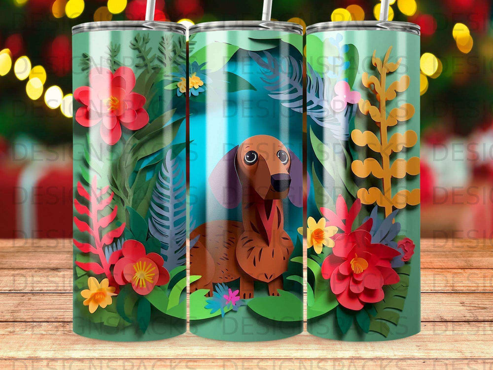 Dachshund with floral and leaf pattern on a green tumbler.