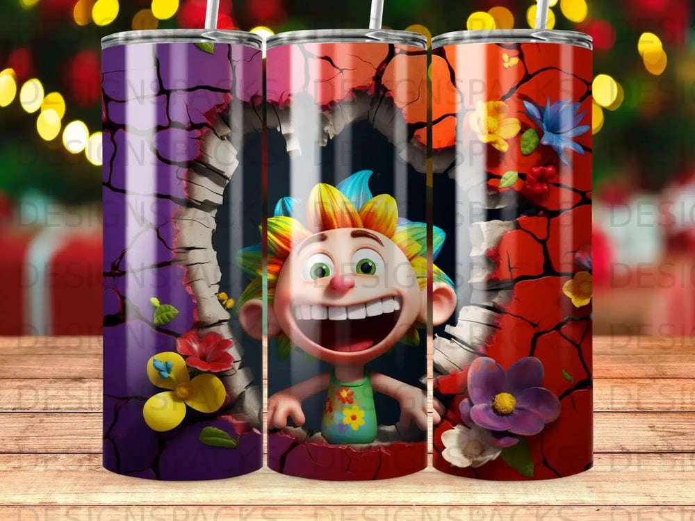 Cartoon character with colorful hair bursting through a cracked wall with flowers.