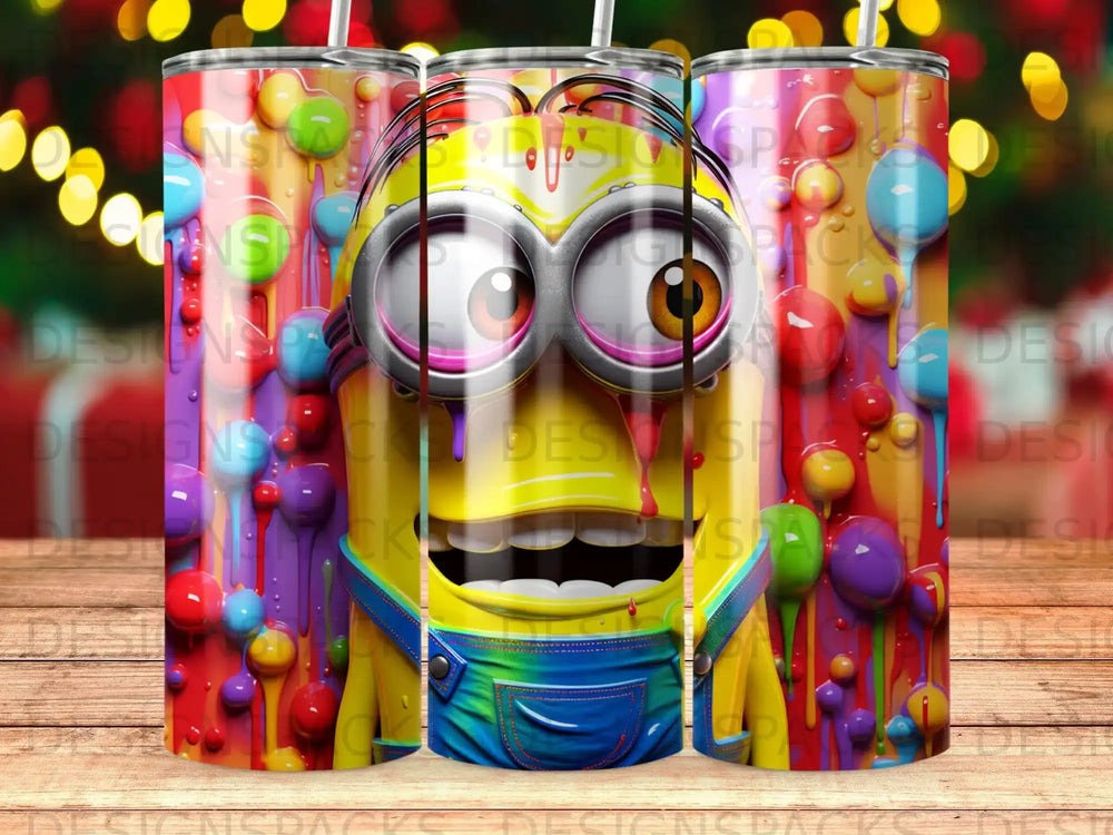 Minions character with colorful dripping paint effect on tumbler.