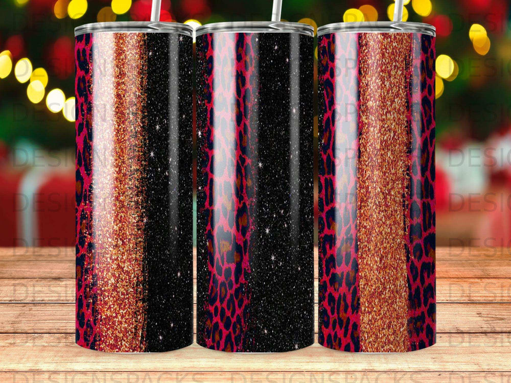 Three tumblers with leopard print and glitter designs.