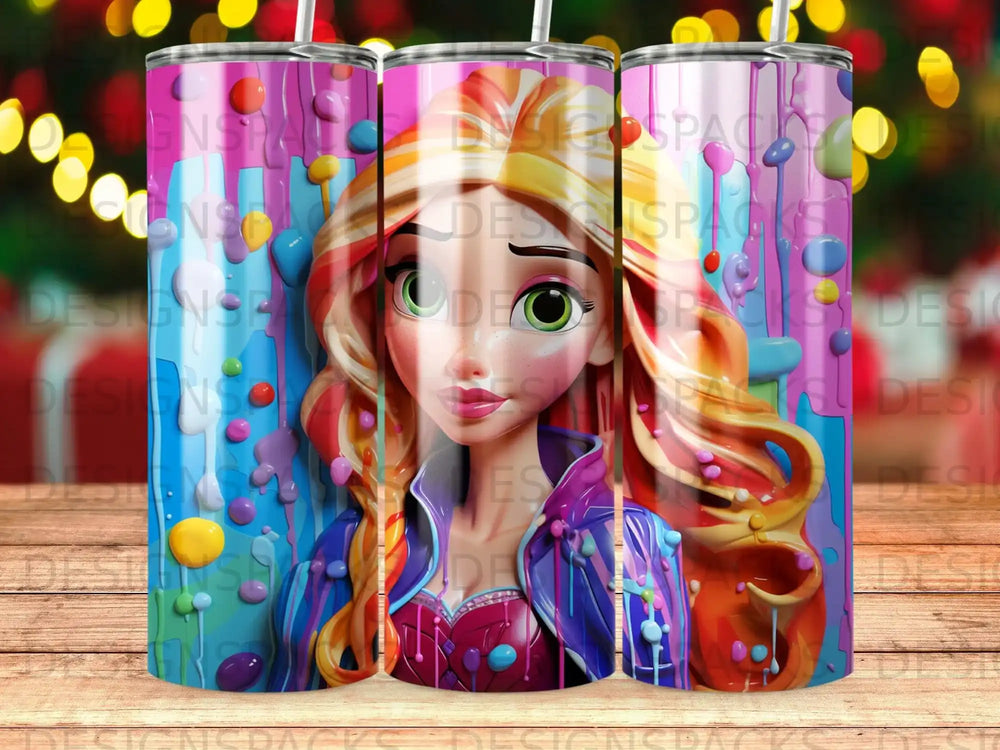 Collage of three tumblers featuring a character with green eyes and colorful, braided hair.