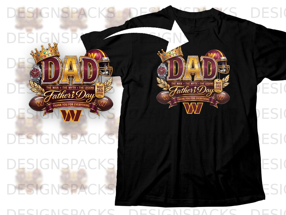Dad graphic with crown, watch, football helmets, and "Father's Day" text.