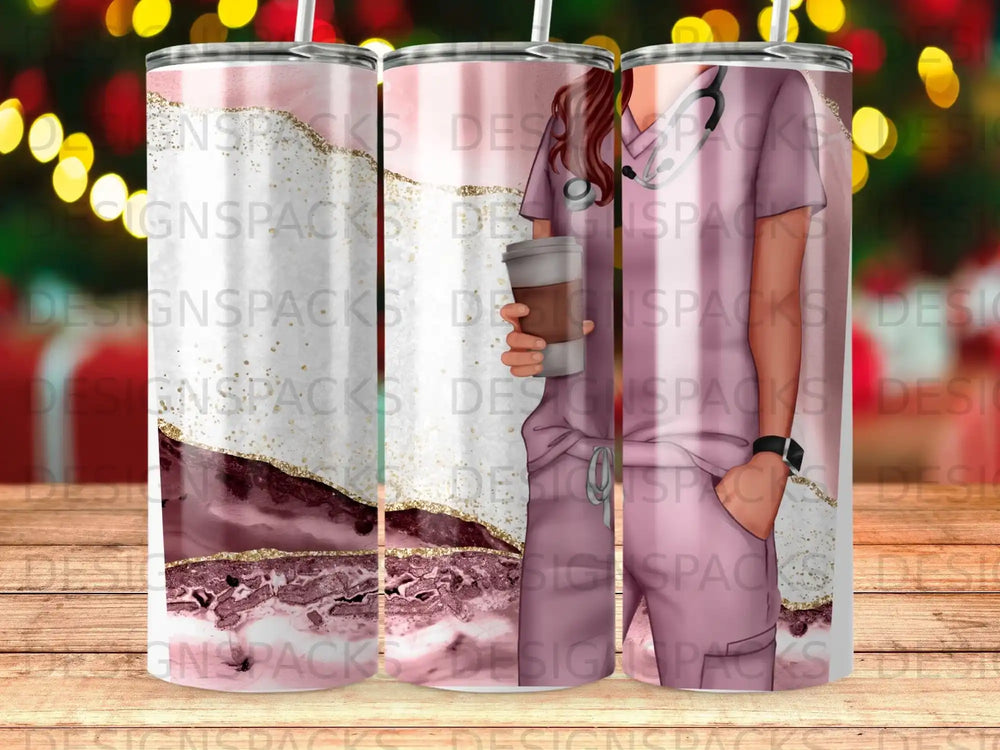 Nurse in scrubs holding a coffee cup, against a marble and bokeh background.