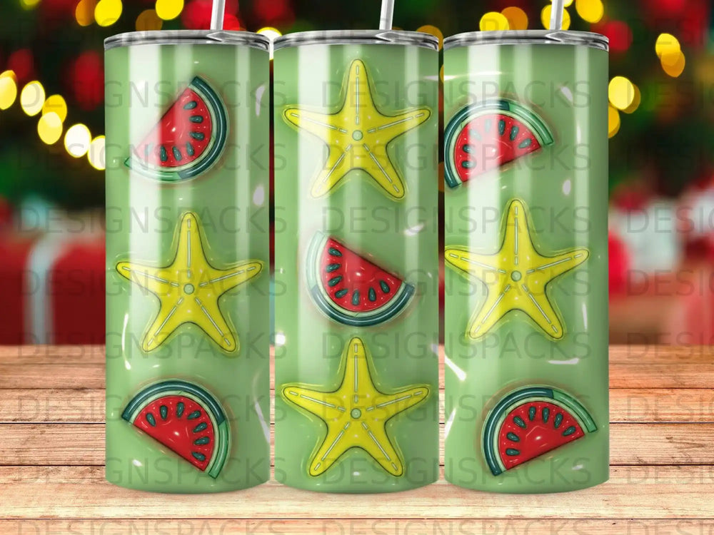 Green tumblers with watermelon and starfish pattern.