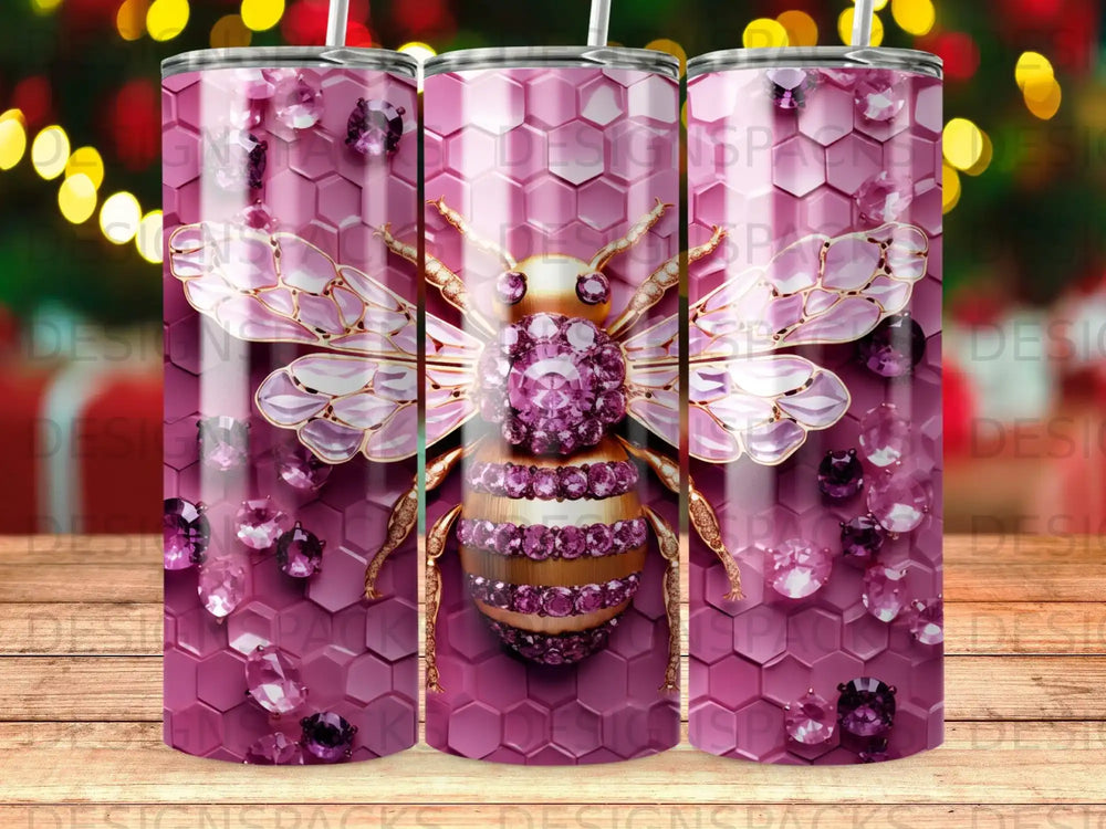 Pink hexagonal pattern tumbler with jeweled bee and gold accents.