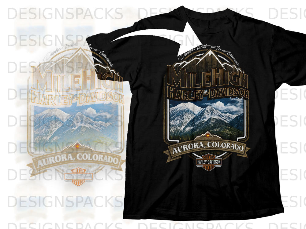 Black t-shirt with "Mile High Harley-Davidson Aurora, Colorado" mountain graphic.