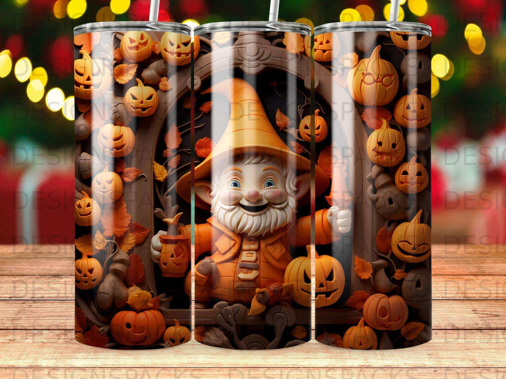 Gnome in orange hat and robe holding a pumpkin lantern, surrounded by jack-o'-lanterns.