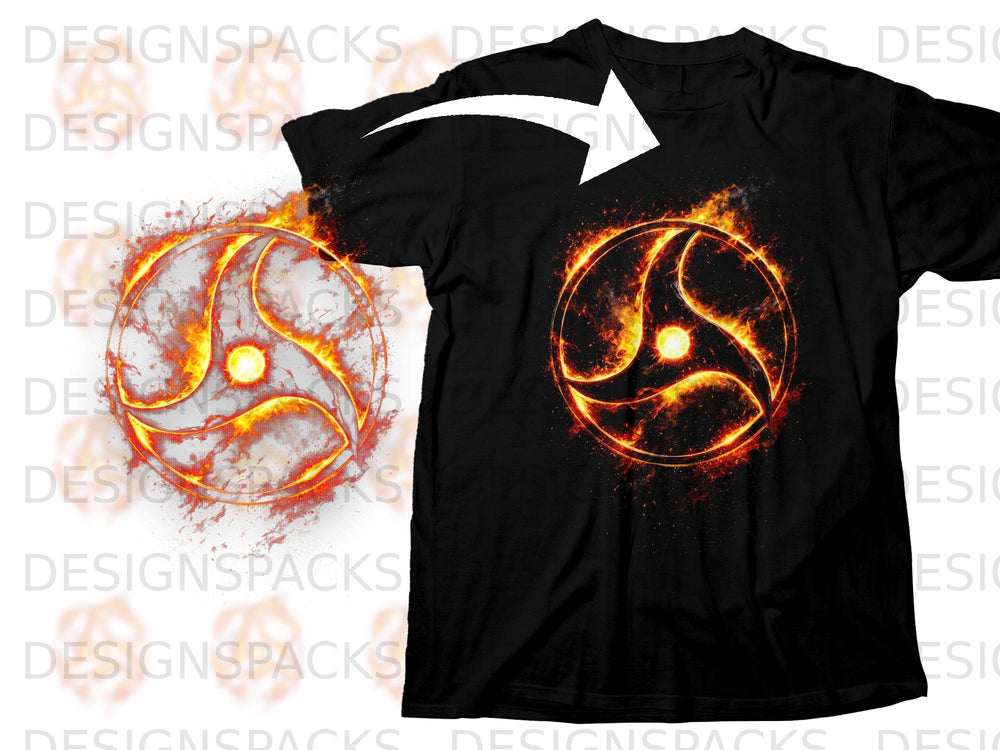 Black t-shirt with fiery circular tomoe design on the chest.