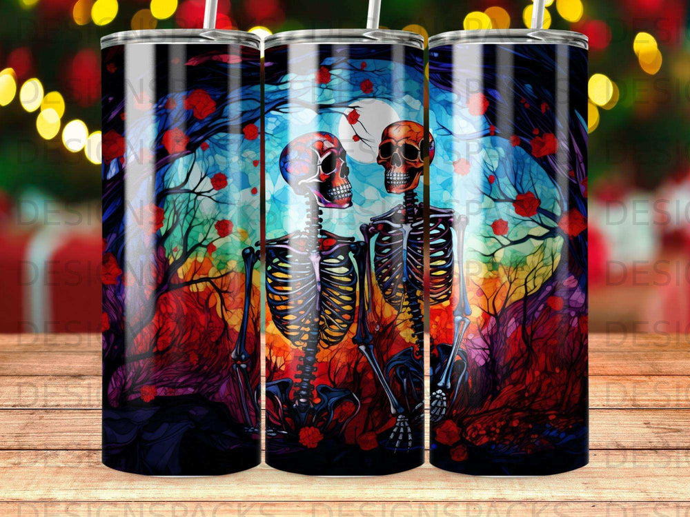 Two skeletons embrace in a moonlit forest with red roses and glowing lights.