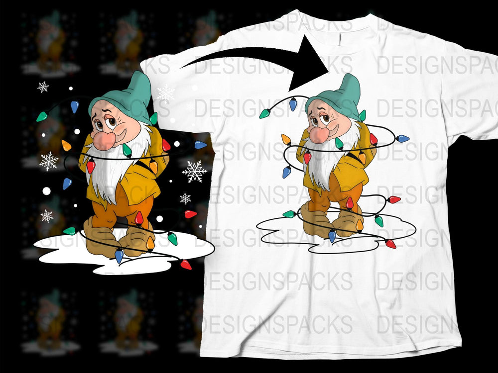 Christmas Dwarf T-Shirt, Cute Festive Gnome Graphic Tee, Holiday Lights Snow Design, Winter Apparel for All Ages
