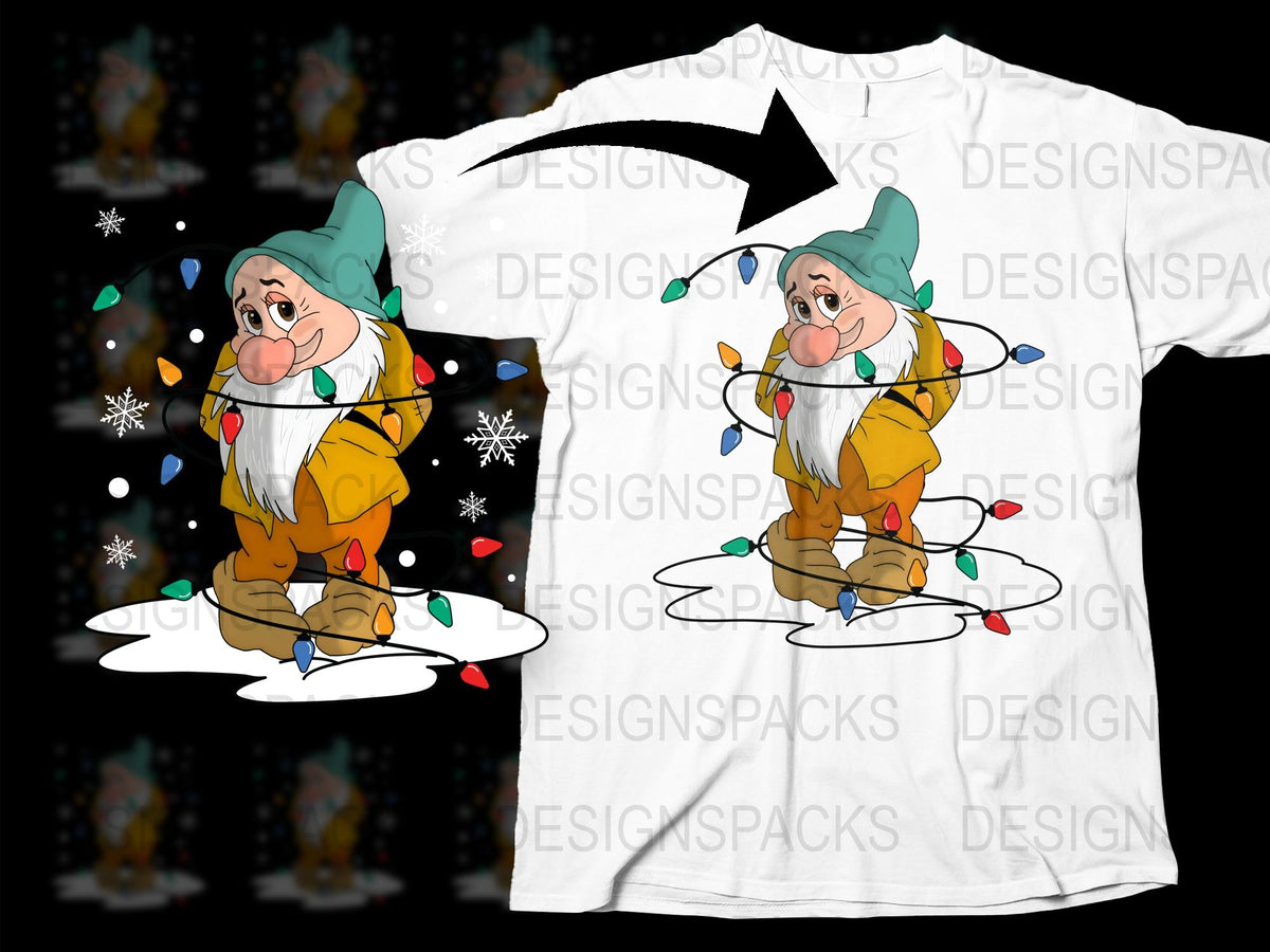 Christmas Dwarf T-Shirt, Cute Festive Gnome Graphic Tee, Holiday Lights Snow Design, Winter Apparel for All Ages