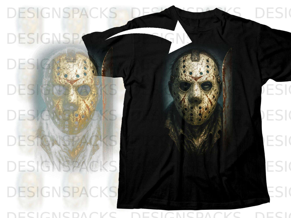 Black t-shirt featuring a graphic of Jason Voorhees' hockey mask and machete.