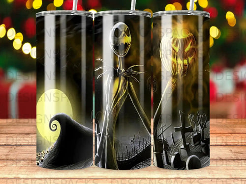 Jack Skellington and Halloween town scene on a tumbler.