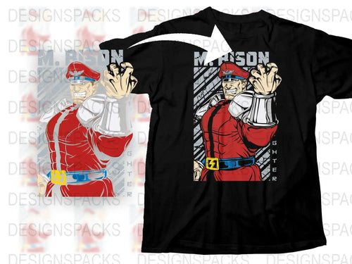 Graphic T-Shirt with Anime Fighter Design, Red and Blue Cartoon Character, Casual Streetwear, Comfortable Cotton Tee